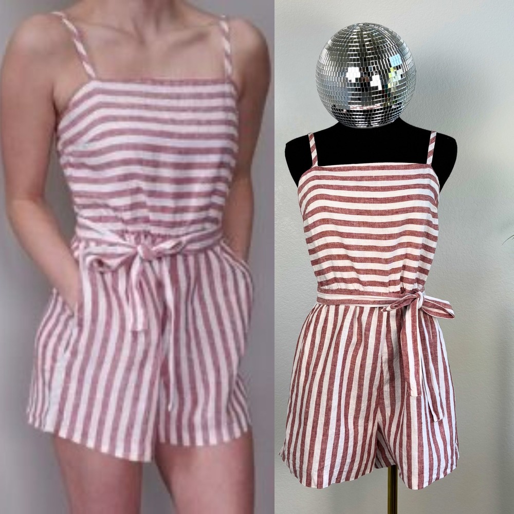 C&C California Red White Striped 100% Linen Romper‎ Size 4 Sleeveless Tie Waist